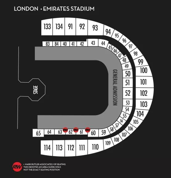 Seating map for Robbie Williams - London, Emirates Stadium, 6th June 2025 Seated Premium VIP